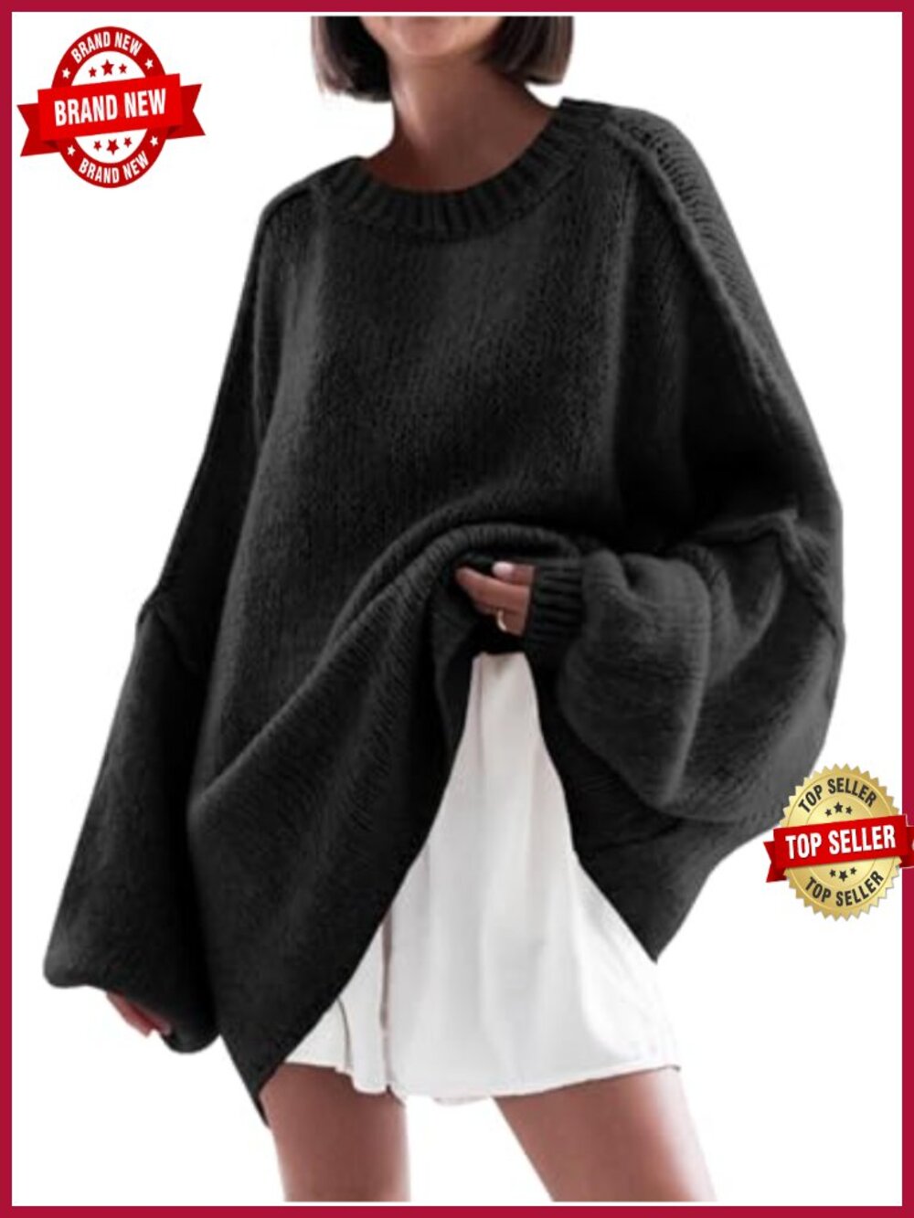 Oversized Ribbed Knit Tunic Sweater with Lantern Sleeves and Crew Neck
